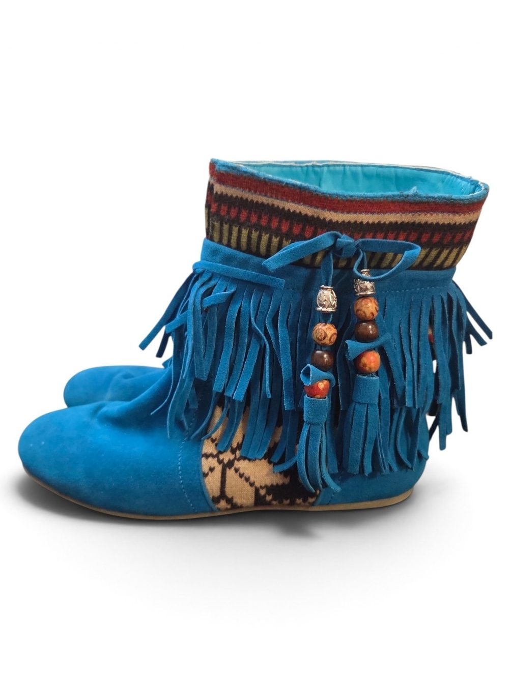 Refresh Blue Boho Fringe Moccasin Ankle Booties Fair Isle Knit Size 8